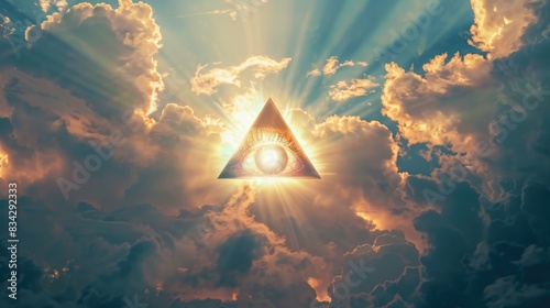 Shining Eye of Providence in the blue cloudy sky. All-seeing God's eye