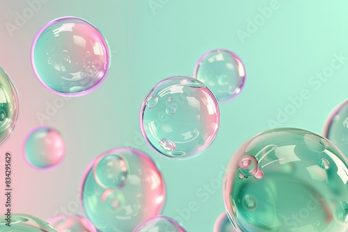 3D render of floating glass spheres or baubbles , pastel green mint color