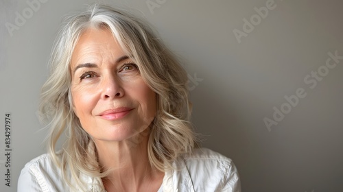 Happy beautiful blonde mature woman banner casual portrait. Cheerful senior lade posing indoors, looking away, thinking on good retirement plans with toothy smile, laughing