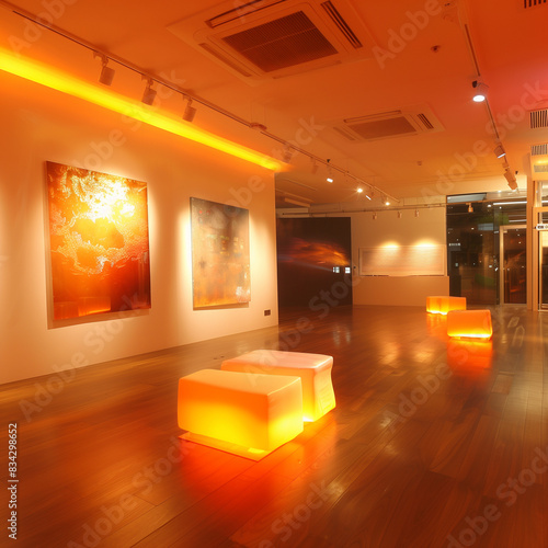 Vivid Impressions: Art Exhibition in Gallery with Orange Lights