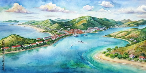 High aerial watercolor painting of St. Maarten island in the Caribbean , St. Maarten, Caribbean, island, aerial view, watercolor, art, ocean, turquoise, landscape, tropical, vacation