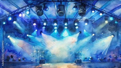 Abstract watercolor painting of strobe blue light from stage lighting equipment in a concert hall , concert, stage lighting, strobe light, blue light, abstract, watercolor, painting
