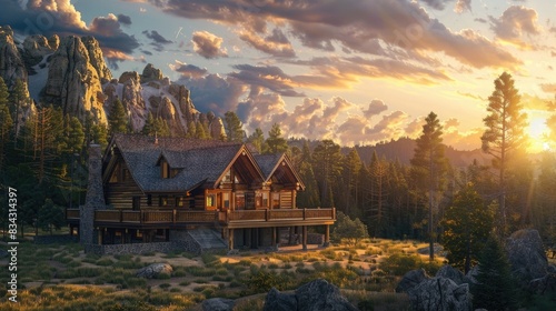 beautiful log home in colorado pine forest with large rock formations in the background at sunset, photo realistic