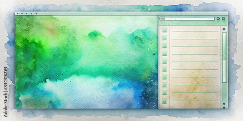 Text editing software interface with large text area and tools on left sidebar against green to blue watercolor background , Text editing, software, large text area, tools, left sidebar, green