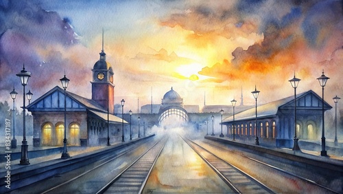 Morning sunrise at Central Station, looking eastwards down Eddy Ave. Central railway station is a historic public transport interchange hub. watercolor, sydney, australia, central station