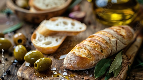 Olives and ciabatta bread with olive oil and bay leaf on a wooden surface