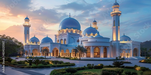 An awe-inspiring image of a large, beautifully illuminated white mosque with majestic blue domes and tall minarets, set against a stunning sunset sky