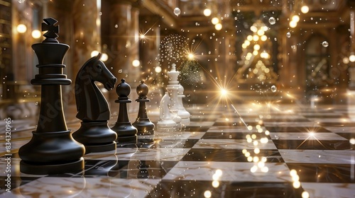 black and white chess pieces on a chess board magically levitating and coming back to their positions, lights, particles, god rays, chessboard 