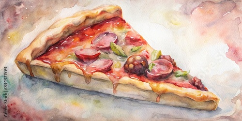 Watercolor of a mouthwatering Meat Lover's Pizza, pizza, meat, lover, food, watercolor, painting, delicious, cheese, tomato, sauce, toppings, pepperoni, sausage, bacon, olives, mushrooms
