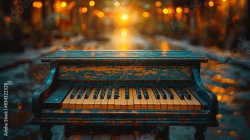 A beautifully aged, weathered piano stands in the middle of an artfully lit street, creating a captivating and nostalgic scene at sunset