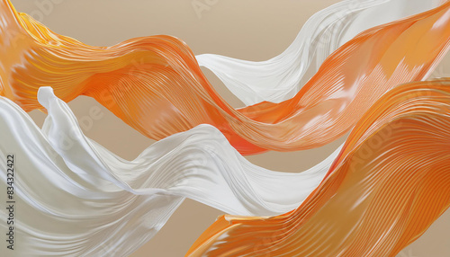 Banner with flying orange and white silk fabric with pleats, background image
