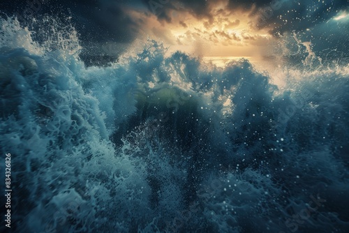 An intense and dramatic depiction of a powerful ocean wave crashing with vigorous force, highlighting the dynamic beauty of nature captured during a stunning sunset