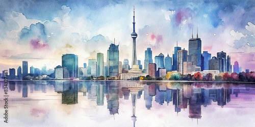 Toronto skyline in watercolor with reflections on the water , Toronto, skyline, waterfront, cityscape, iconic, architecture, buildings, downtown, skyscrapers, reflection, colorful, urban