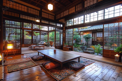 Beautiful traditional Japanese tea room with large wooden table, tatami mats, and sliding shoji doors opening to a tranquil garden with lush greenery