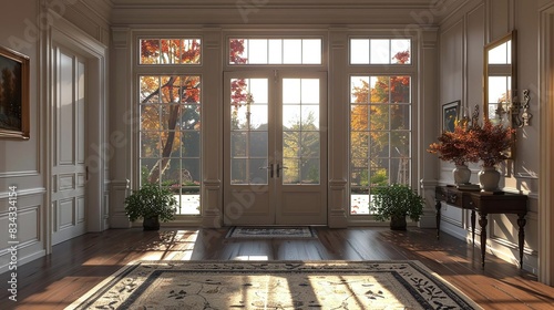 Generate a visual of a glass door with a transom window above