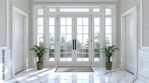 Illustrate a glass door with a transom window and side panels, flat design
