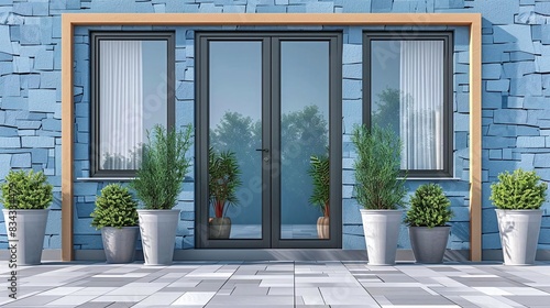 Illustrate a glass door with a transom window and side panels, flat design