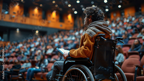 A young man in a wheelchair listening to a lecture in an auditorium 