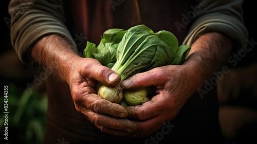 Photograph of a farmer's hands gently cradling a freshly harvested organic vegetable, symbolizing the connection between human labor and the earth's produce. 