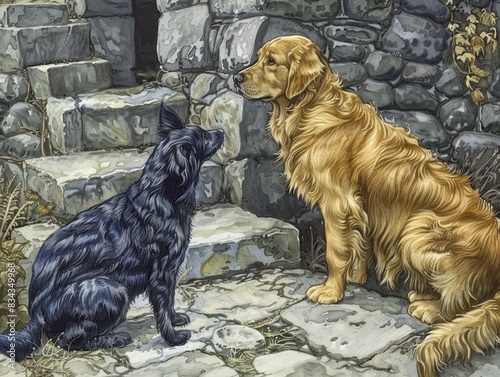 In a historic town exploring ancient ruins a Golden retriever and blue Maine Coon roam through old stone structures