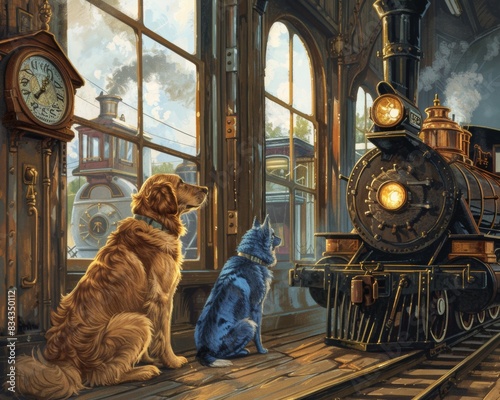 In a historic train station a Golden retriever and blue Maine Coon wait patiently on the platform