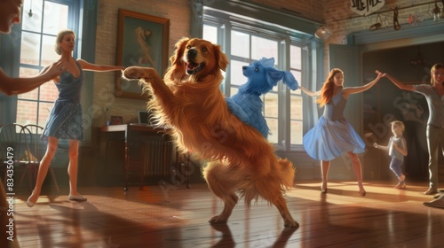 In a lively dance studio a Golden retriever and blue Maine Coon join a tap dance class