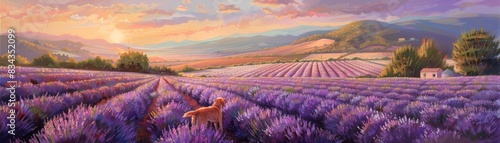 During a serene morning at a lavender farm a Golden retriever and blue Maine Coon roam through purple fields