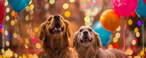 Golden retriever and blue Maine Coon at a colorful carnival