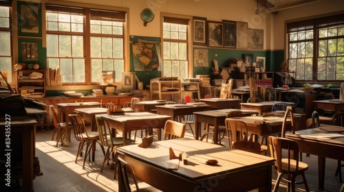 Photograph of a vintage-style classroom filled with wooden desks and shelves lined with antique school supplies, bathed in warm sunlight. 