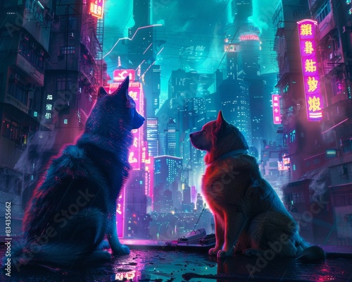 Golden retriever and blue Maine Coon in a futuristic cityscape