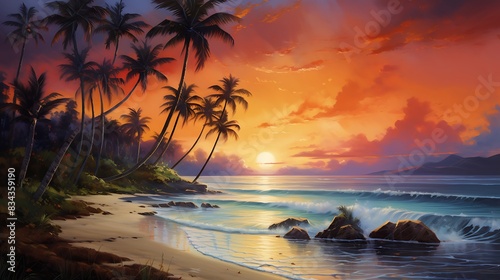 Tropical landscape with beach with coconut trees at sunset