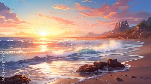 A Spectacular Sunset Over Serene Beaches with Gentle Waves Crashing on the Shore