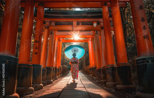 A woman in a kimono holding an umbrella is walking through the Fushimi Inari Taisha torii tunnel with red arches.