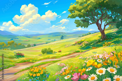 春の花畑と田園風景：自然の中でリラックスするひととき/Spring Flower Fields and Countryside: A Relaxing Moment in Nature/Frühlingsblumenfelder und Landschaft: Ein entspannender Moment in der Natur