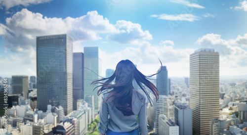 日本の街・都市・朝日を受けたオフィスビル群を前に佇み風を受けて髪をなびかせる会社員の女性の出勤 ビジネス・はじまり・決意・目標・挑戦のイメージ