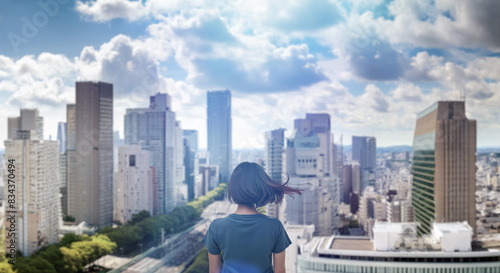 日本の街・都市・朝日を受けたオフィスビル群を前に佇み風を受けて髪をなびかせる会社員の女性の出勤 就職・ビジネス・はじまり・決意・目標・挑戦のイメージ