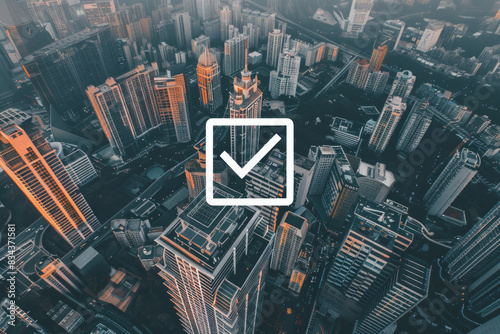 A checkbox icon with an aerial view of a city in the background.