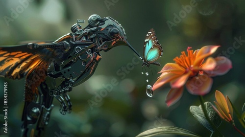 Produce a close-up shot of a robotic hummingbird capturing surreal moments of a butterfly drinking from a metallic flower