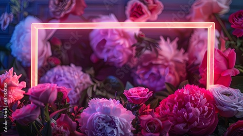 User trendy neon glowing picture frame with copy space on the background of peonies, ranunculus and garden roses. selective focus