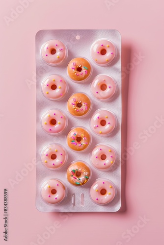 pill tab,blister with small donuts inside it against a pastel pink background. sugar, dopamine, sweet treat, food addiction, eating disorder, doping concept, creative advertising