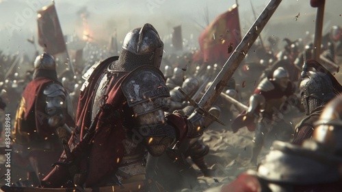 Medieval knights in intense battlefield combat, clad in armor and wielding swords, with flags waving amidst the chaos of war.