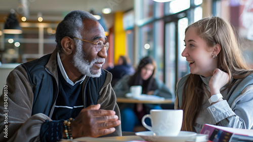 Teacher and student having a conversation in a cafe