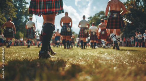Scottish Highland Games participants wearing traditional kilts, gathering for the event on a sunny day