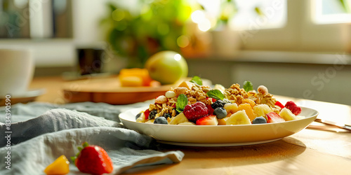 Plato de frutas frescas tropicales y frutos rojos con frutos secos arriba comida o desayuno saludable y vitaminico