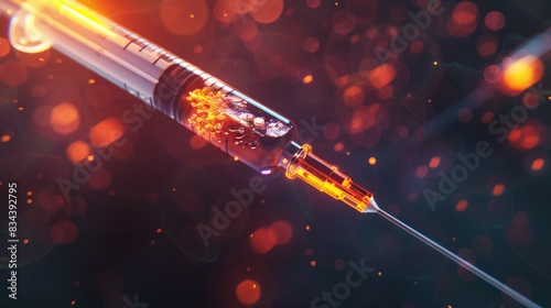 futuristic syringe filled with a glowing substance, set against a backdrop of high-tech lights, depicting medical innovation. 
