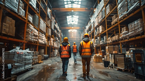 A warehouse with workers in safety gear walking through the aisles filled with cardboard boxes.