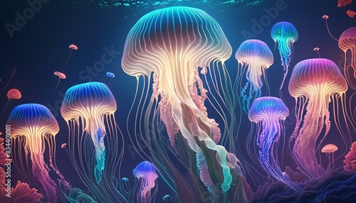 A group of neon-colored jellyfish gracefully float in deep, dark blue water. Their long, thin tendrils reach out in all directions, creating a mesmerizing spectacle.
