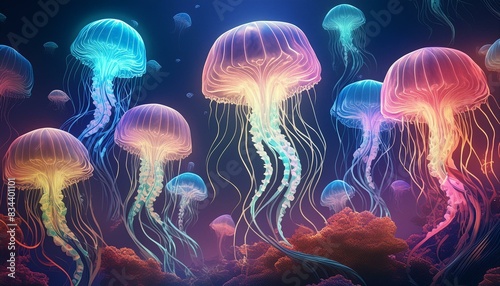 A group of neon-colored jellyfish gracefully float in deep, dark blue water. Their long, thin tendrils reach out in all directions, creating a mesmerizing spectacle.