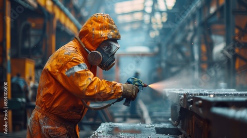Industrial worker using a paint spray gun to coat heavy machinery parts, the paint creating a cloud around the work area