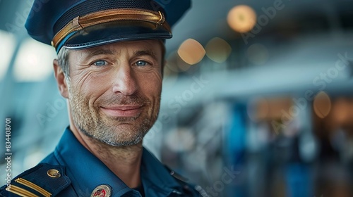 Intimate portrait of a pilot in a blue uniform, with a slight smile, and a blurred airport terminal in the background